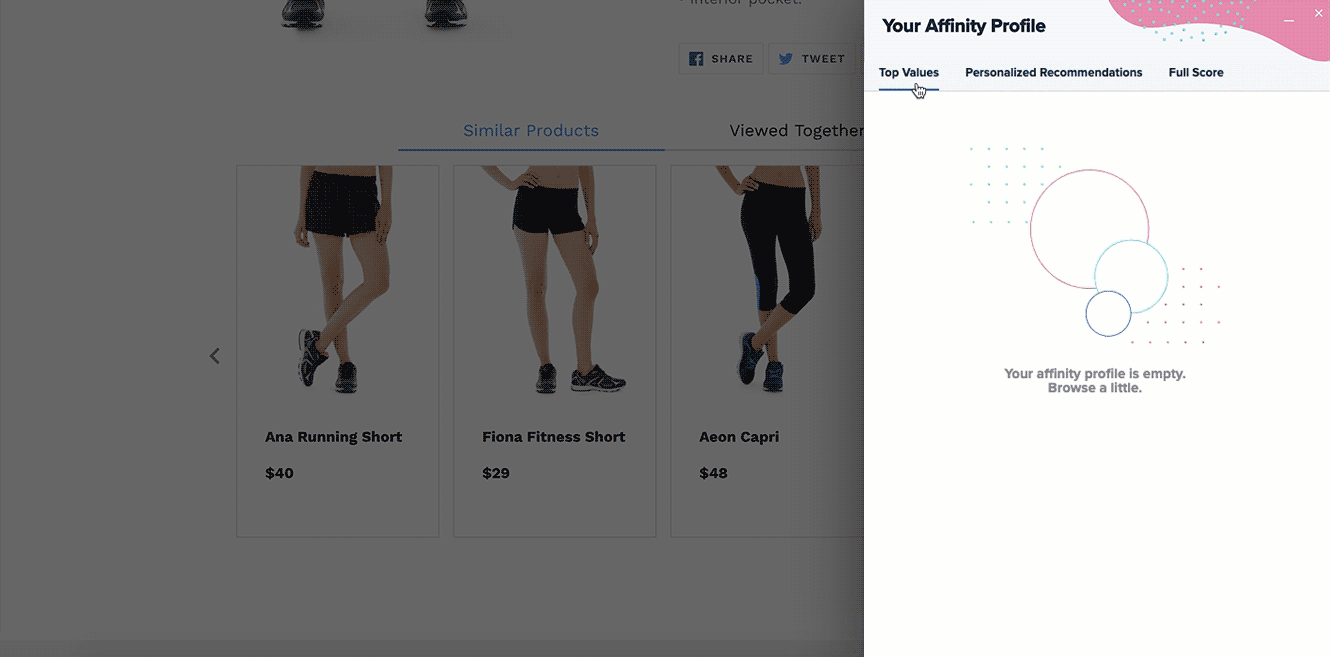 An affinity score populating as the user interacts with different products