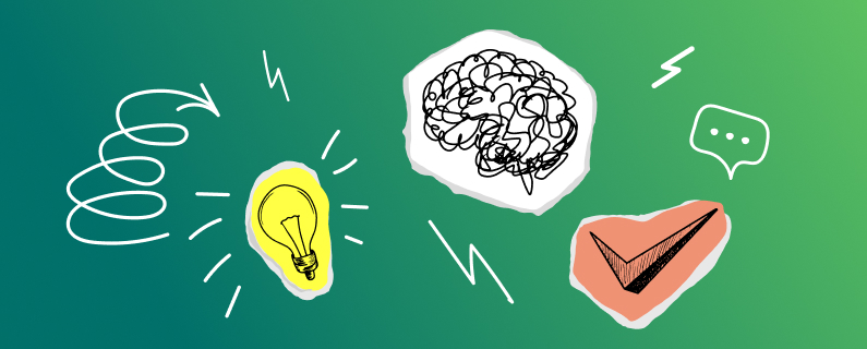 An image of a brain, lightbulb and a checkmark