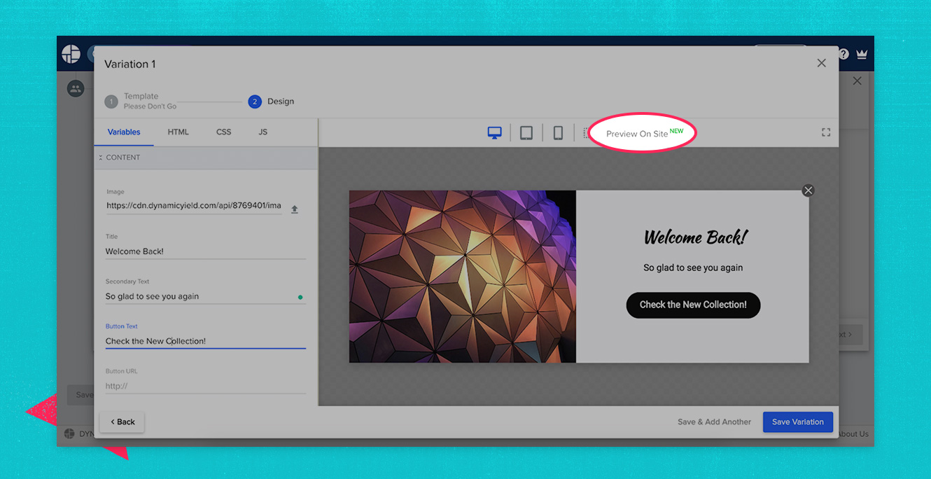 New On Site preview button