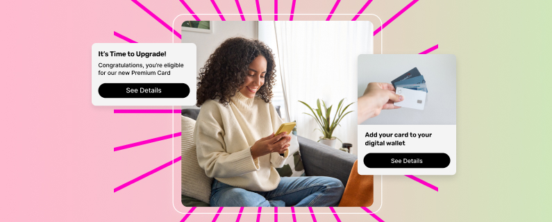 Woman sitting down looks at her mobile banking app and offers.
