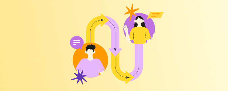 One individual speaking to another with a winding arrow connecting them.