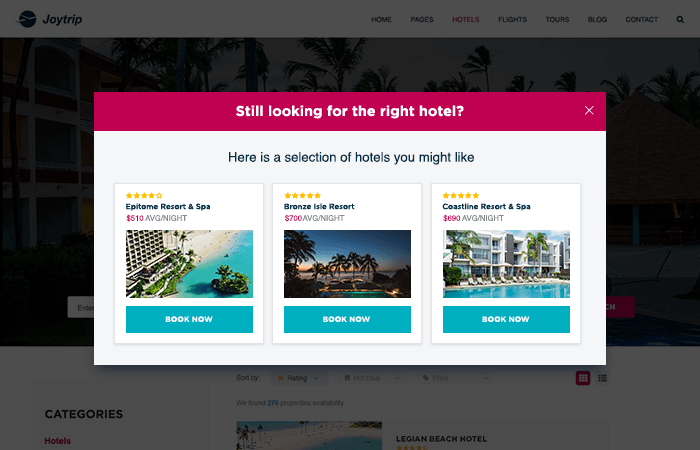 Targeting users displaying exit intent with overlays featuring personalized travel recommendations
