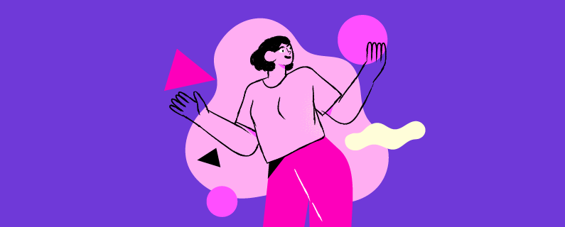 Illustration of a woman weighing two shapes, a circle and a triangle, which represent changing affinities.