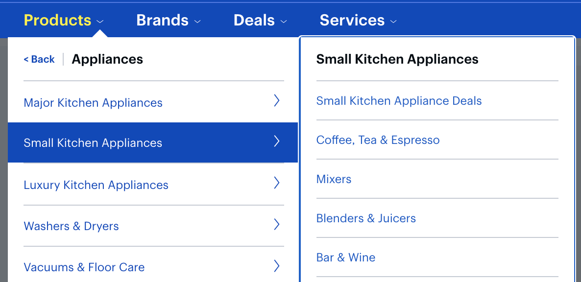 eCommerce navigation menu example