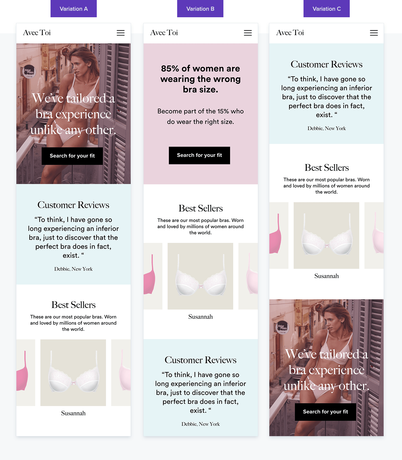 eCommerce Personalization example showing what it means to test various layouts of homepage elements