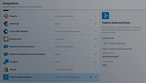 Dynamic Yield and Tealium AudienceStream integration screenshot 1